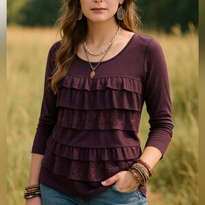 NWT Casual Express Plum Purple Ruffle Lace Curtain Boat Neck Blouse Top